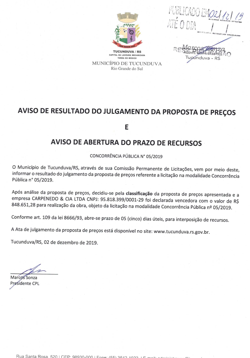 CNC 05_2019 RESULTADO JULG PROPOSTA DE PREÇOS ABERT PRAZO RECURSO